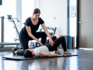 gravidanza: una donna allena sdraiata a terra il suo pavimento pelvico assistita da un'istruttrice